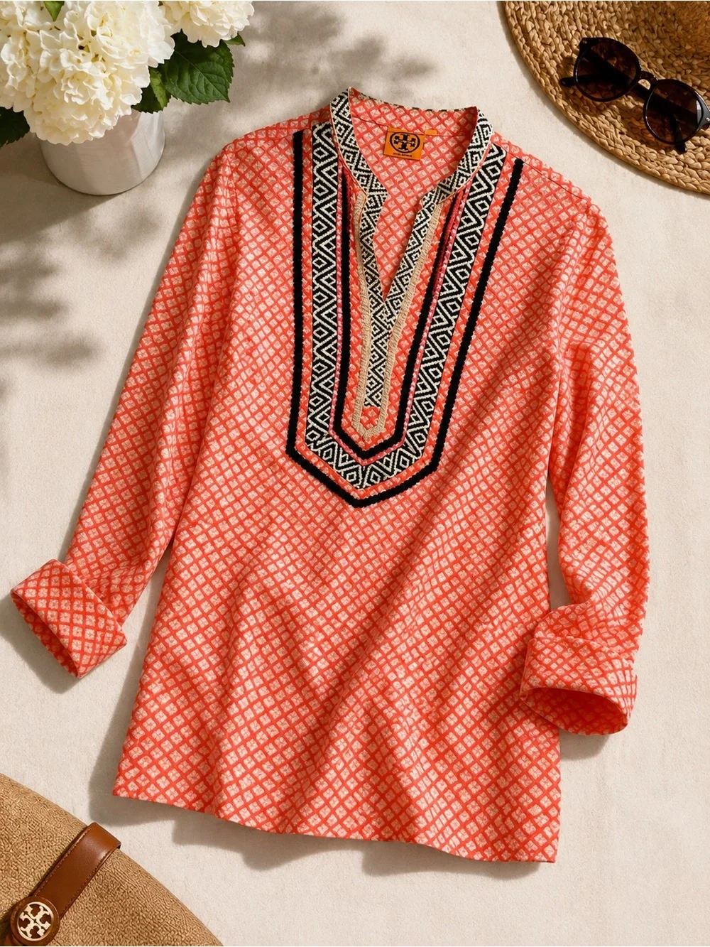 Tory Burch Coral Geometric Embroidered Tunic